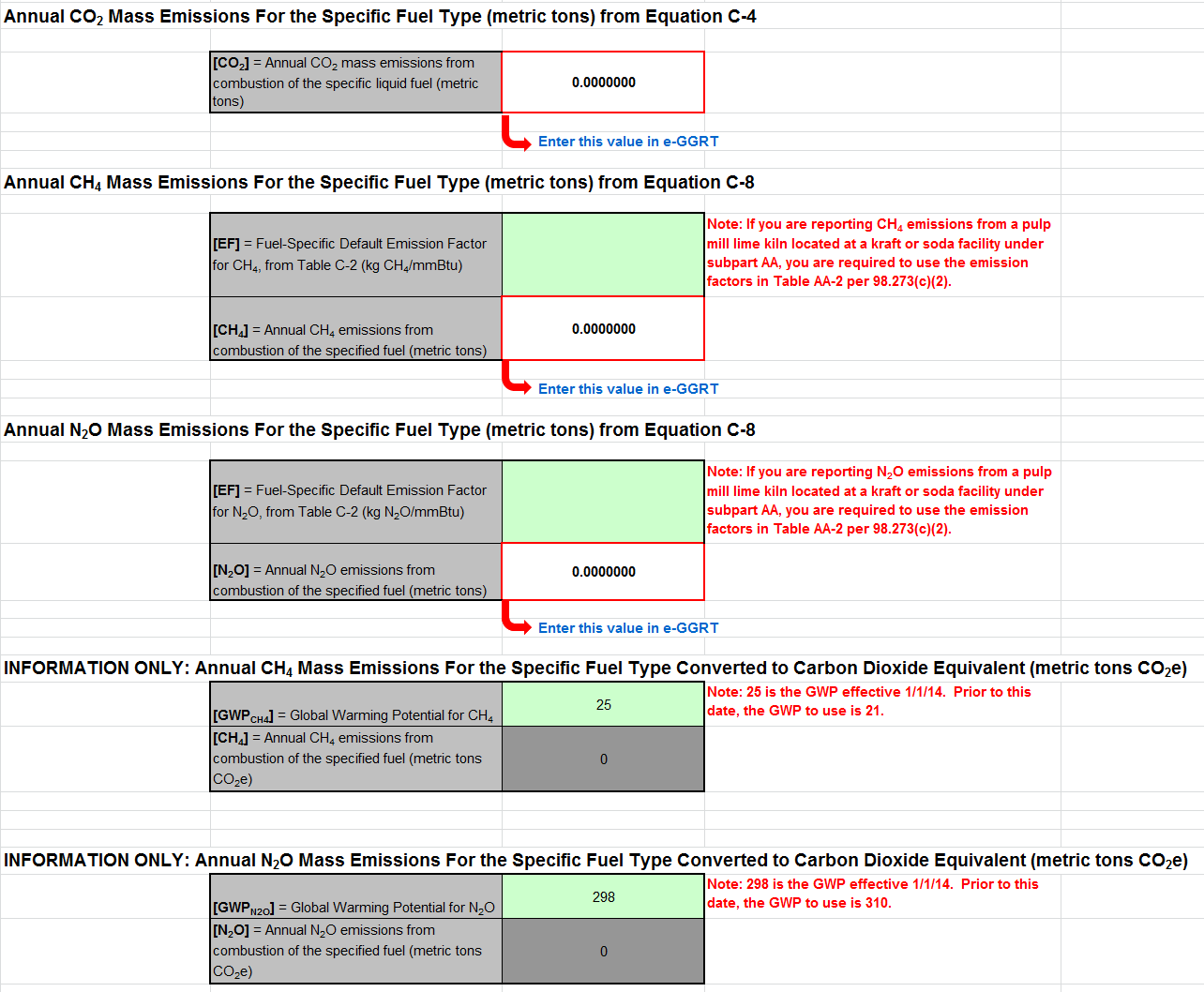 C-4, C-8 Calculation Spreadsheet of CO2, CH4, and N2O Data Entries into the Green Cells